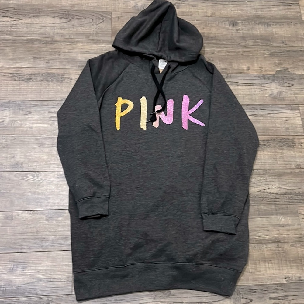 Victoria's Secret PINK Sparkly Logo HOODIE Dress/Extra Long Sweatshirt Large - Picture 1 of 6